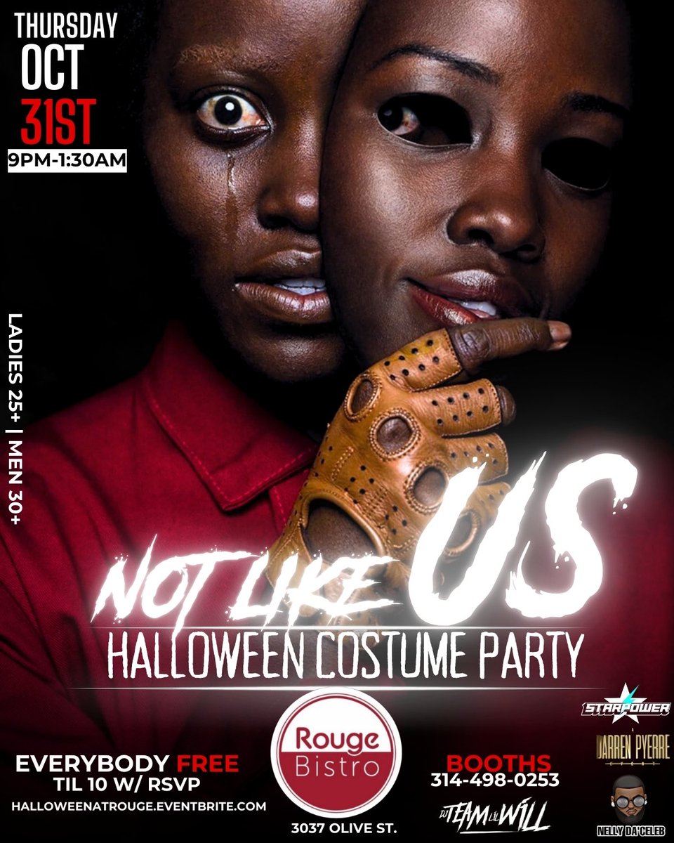 NellyDaCeleb's tweet photo. Halloween Night 10/31

9pm-1:30am | Everybody Free Til 10pm w/ RSVP - https://t.co/QNMgAkIMGH

Booths/Bottles : 314-498-0253

@ rouge.bistro = 3037 Olive Street 63103

Ladies 25+  Fellaz 30+ https://t.co/Zv8fYCXzdI
