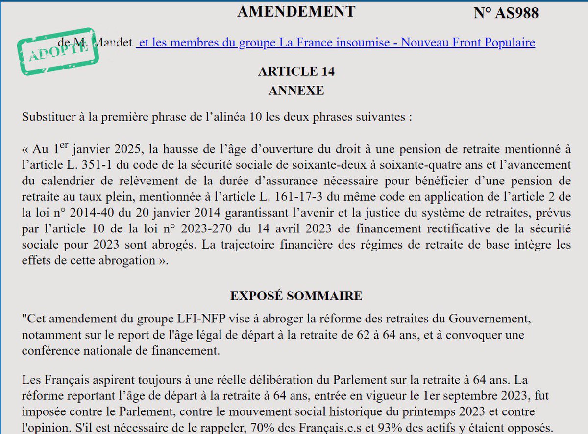 Commission des affaires sociales : l'amendement LFI qui écrit noir sur blanc le retour de la retraite à 62 ans est adopté ! 38 pour, 19 contre.