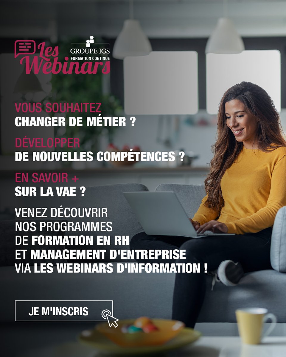 Réunions d'information | Découvrez le détail des programmes de formations #RH et #Management : formationcontinue.groupe-igs.fr/evenements

Nos responsables formation répondent à toutes vos questions pendant 1h sur les sujets suivants:
✔️Organisation
✔️Pédagogie
✔️Evaluation
✔️Financement
