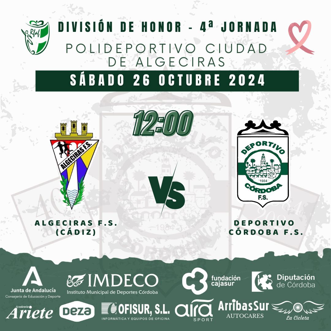 🏆 División de Honor - Jornada 4
📆 Sábado 26/10/2024
🕒 12:00
📍 Algeciras (Cádiz)
🏟 Pol. Ciudad de Algeciras
🆚 <a href="/AlgecirasFs/">Algeciras FS</a>