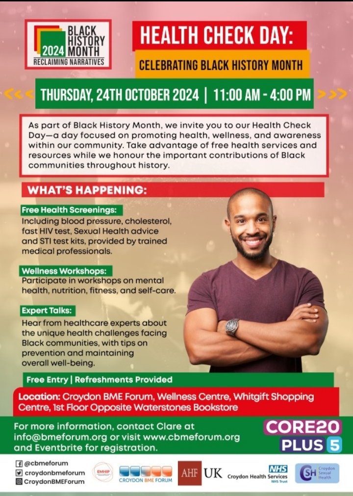 Croydon BME Forum (@croydonbmeforum) on Twitter photo HEALTH CHECK DAY
Thurs 24th Oct 11am - 4pm
<a href="/CroydonBMEForum/">Croydon BME Forum</a>, Wellness Centre Whitgift Shopping Centre.
There will be *FREE* Health Screenings provided by trained medical professionals, as well as Wellness Workshops and Expert Talks!
<a href="/yourcroydon/">Your Croydon</a> HEALTH CHECK DAY
Thurs 24th Oct 11am - 4pm
<a href="/CroydonBMEForum/">Croydon BME Forum</a>, Wellness Centre Whitgift Shopping Centre.
There will be *FREE* Health Screenings provided by trained medical professionals, as well as Wellness Workshops and Expert Talks!
<a href="/yourcroydon/">Your Croydon</a>
