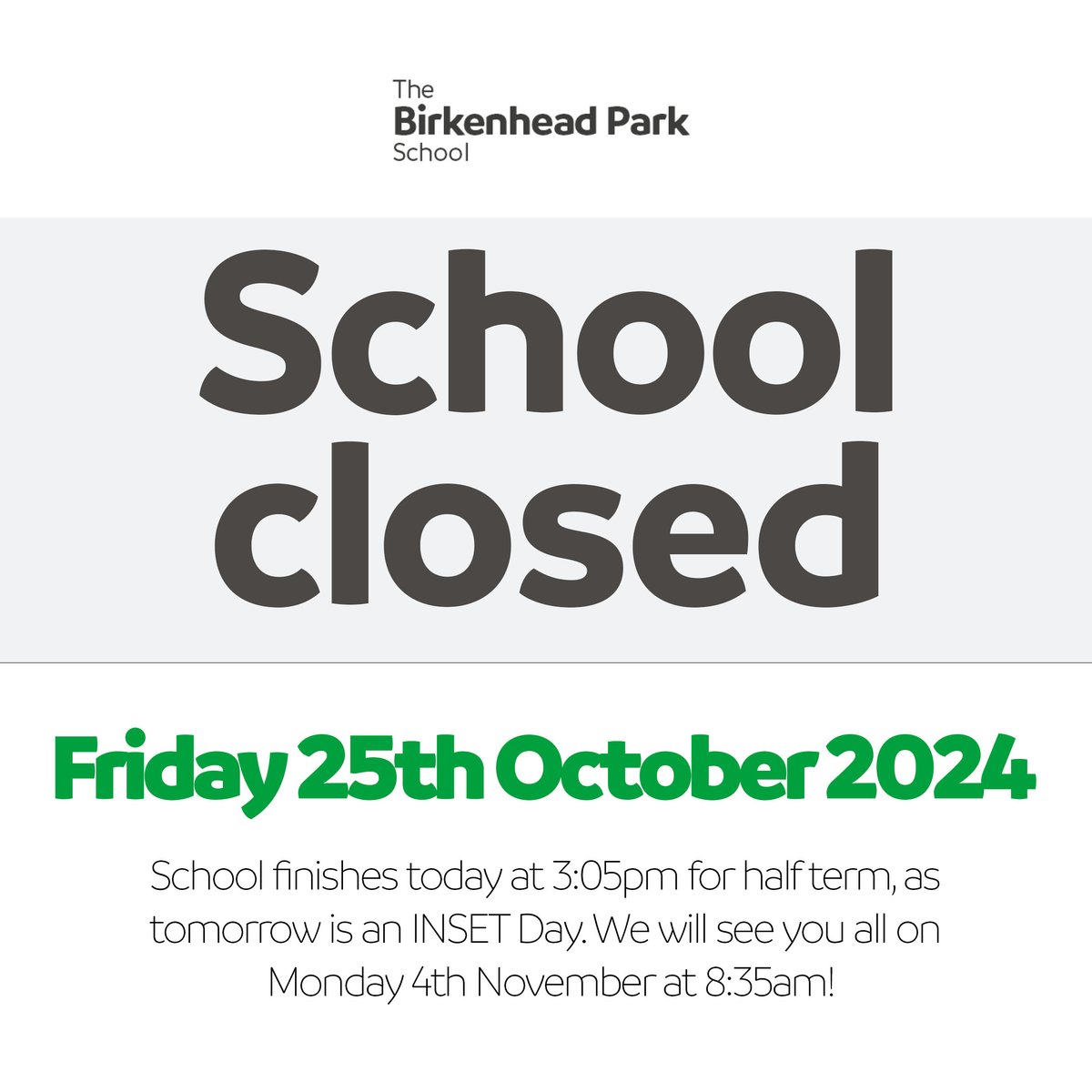 BPSWirral's tweet photo. Please note that school finishes for half term today, Thursday 24th October at 3:05pm, as tomorrow/Friday is an INSET Day.
School will restart on Monday 4th November - we wish you all a relaxing break! https://t.co/jP5DJRXW3Y