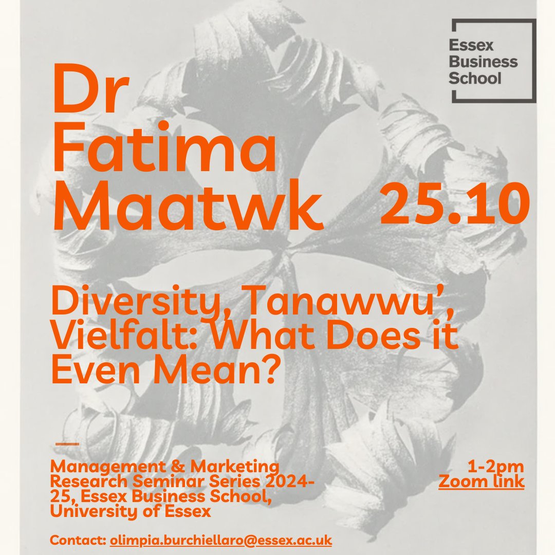 Olimpia Burchiellaro (@ph_dyke) on Twitter photo You can join us tomorrow for the second Management & Marketing Research Seminar at <a href="/Essex_EBS/">Essex Business School</a> with Dr <a href="/FatimaMaatwk/">Fatima Maatwk</a> presenting her work on diversity in the tech industry in the UK, Egypt and Germany. 1pm - 2pm on Zoom: essex-university.zoom.us/j/95532162292 You can join us tomorrow for the second Management & Marketing Research Seminar at <a href="/Essex_EBS/">Essex Business School</a> with Dr <a href="/FatimaMaatwk/">Fatima Maatwk</a> presenting her work on diversity in the tech industry in the UK, Egypt and Germany. 1pm - 2pm on Zoom: essex-university.zoom.us/j/95532162292