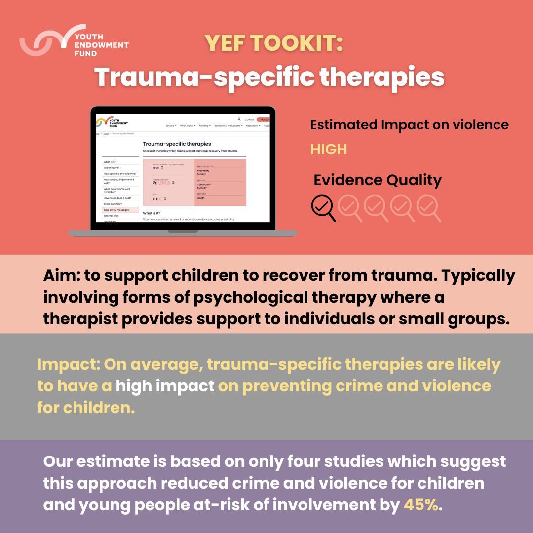 The YEF Toolkit highlights trauma-specific therapies as a way to reduce serious youth violence, showing a 45% reduction in crime and violence. However, this is based on limited studies. Key points if using this approach:

➡️ Invest in clinically-led therapies for at-risk children