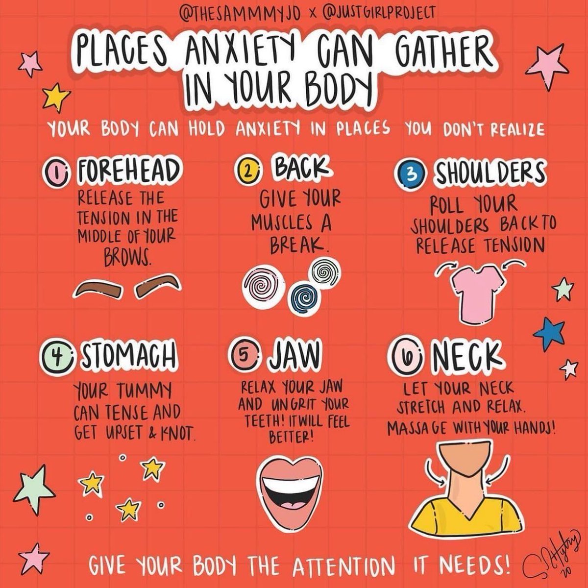 Sometimes you might only realise you’re anxious because you notice you’ve got a headache or your chest feels tight. Bringing your attention to areas of your body where you carry tension, and focusing on relaxing them can help to ease feelings of #anxiety. 

📷 IG: justgirlproject