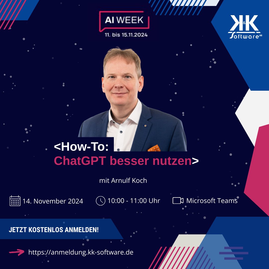🤖 Lerne, wie du ChatGPT effizient nutzt! Tipps zu Custom GPTs &amp; cleverem Prompt-Engineering auf der #AIWeekMainfranken am 14.11.2024. Jetzt kostenlos  anmelden: anmeldung.kk-software.de #kksofwareag #erpnext #opensource #digitalisierung #software #systemhaus #KI #promtengineering