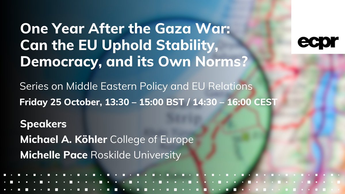 ⏰ TOMORROW @ 13:30 BST
💻 Join our FREE inaugural webinar on Middle Eastern Policy &amp; EU Relations
🗣️ <a href="/MKoehlerEU/">Michael Koehler</a> &amp; Michelle Pace discuss 🇪🇺 EU's actions &amp; shortcomings in supporting 🕊️ peace &amp; stability in the Middle East since the war in Gaza began
✍️ ecpr.eu/Events/302