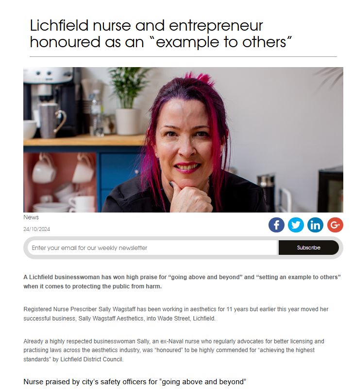 Days before she heads to #India on a cycling #charity #fundraiser for <a href="/StanBowleyTrust/">Stan Bowley Trust</a> we're thrilled to reveal our #PR for #nurse <a href="/sallywagstaff13/">Sally Wagstaff Aesthetics</a>
of #Lichfield's Sally Wagstaff #Aesthetics latest #award honour has appeared in  @BBP_Online: bbpmedia.co.uk/news/health-we… <a href="/Lichfield_DC/">Lichfield District Council</a>