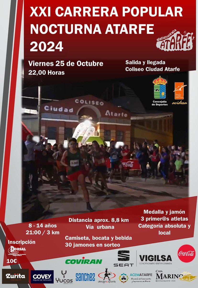 𝐗𝐗𝐈 𝐂𝐀𝐑𝐑𝐄𝐑𝐀 𝐏𝐎𝐏𝐔𝐋𝐀𝐑 𝐍𝐎𝐂𝐓𝐔𝐑𝐍𝐀 𝐀𝐓𝐀𝐑𝐅𝐄 𝟐𝟎𝟐𝟒

📅 Viernes, 25 de Octubre, 22:00

📍 Salida y Llegada desde el Coliseo de Atarfe

Ven a disfrutar de una noche increíble con música, sorteos y muchas sorpresas más. 🌟🎶