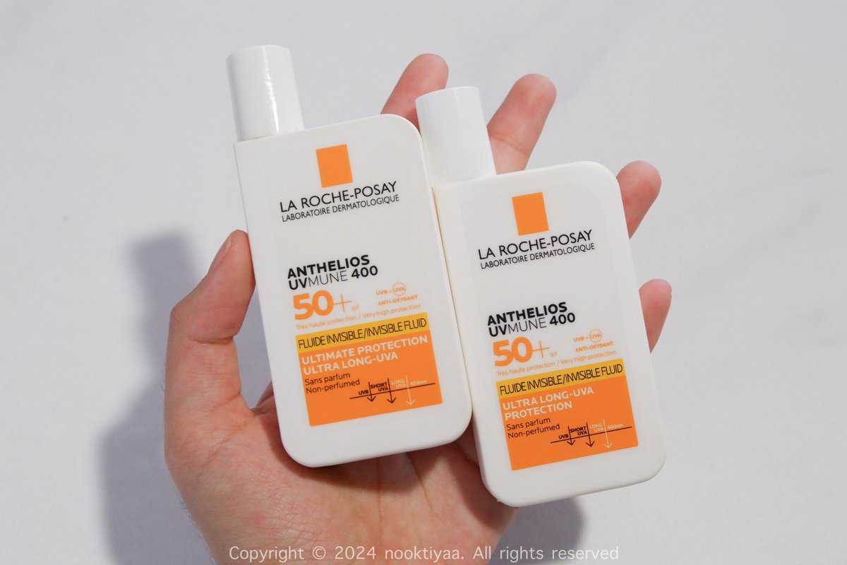nooktiyaa's tweet image. มาป้ายยากันแดดที่แนะนำให้หลายคนไปลอง 
Anthelios UV Mune400 สูตร Invisible Fluid ของแบรนด์ La Roche-Posay เป็นกันแดดที่มีค่าปกป้องสูง กันแดดได้จริง เวลาออกแดดแรงๆใช้ตัวนี้ละหน้าไม่ไหม้แดดเลย ตัวเนื้อบางเบา ไม่เหนียว เกลี่ยแมทเข้าผิวง่าย หลังทาเสร็จผิวไม่วอก ไม่เป็นคราบ