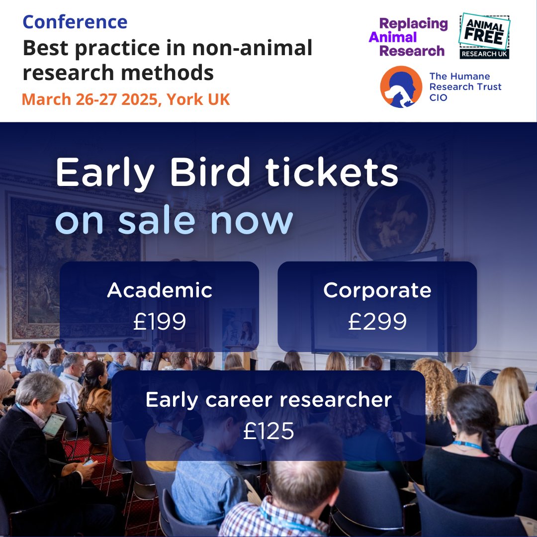🌟 Exciting news! Tickets are now on sale for our 2025 joint conference on non-animal research methods with <a href="/AFR_UK/">AnimalFreeResearchUK</a> and <a href="/ReplAnimalRes/">Replacing Animal Research</a>

📅 26-27 March 2025
📍 Radisson Hotel York

Early bird tickets available: …placinganimalresearch.beaconforms.com/form/65a43db4