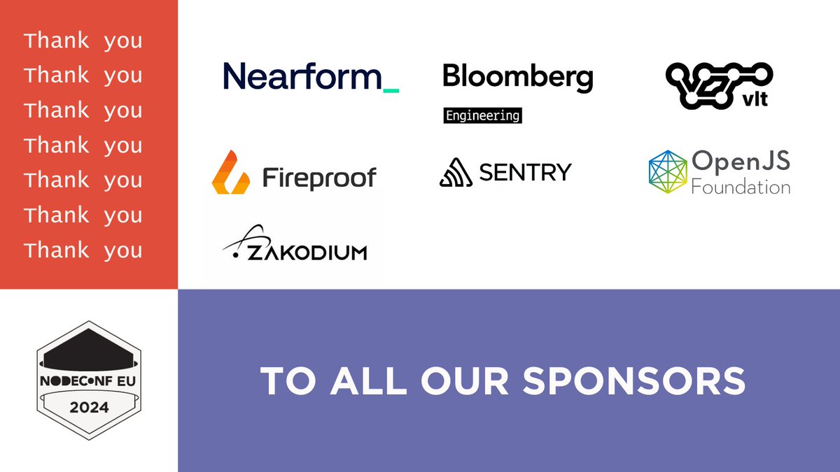 NodeConf EU (@nodeconfeu) on Twitter photo The countdown to <a href="/NodeConfEU/">NodeConf EU</a> is on! Huge thanks to our incredible sponsors: <a href="/nearform/">Nearform</a>, <a href="/vltpkg/">vlt /vōlt/</a>, @bloomberg, <a href="/getsentry/">Sentry</a>, @fireproofstorge, <a href="/openjsf/">OpenJS Foundation</a>, and @zakodium. Your support is making this event special! 💖
#Thankyou #sponsors #countdownon #NodeConfEU2024 The countdown to <a href="/NodeConfEU/">NodeConf EU</a> is on! Huge thanks to our incredible sponsors: <a href="/nearform/">Nearform</a>, <a href="/vltpkg/">vlt /vōlt/</a>, @bloomberg, <a href="/getsentry/">Sentry</a>, @fireproofstorge, <a href="/openjsf/">OpenJS Foundation</a>, and @zakodium. Your support is making this event special! 💖
#Thankyou #sponsors #countdownon #NodeConfEU2024