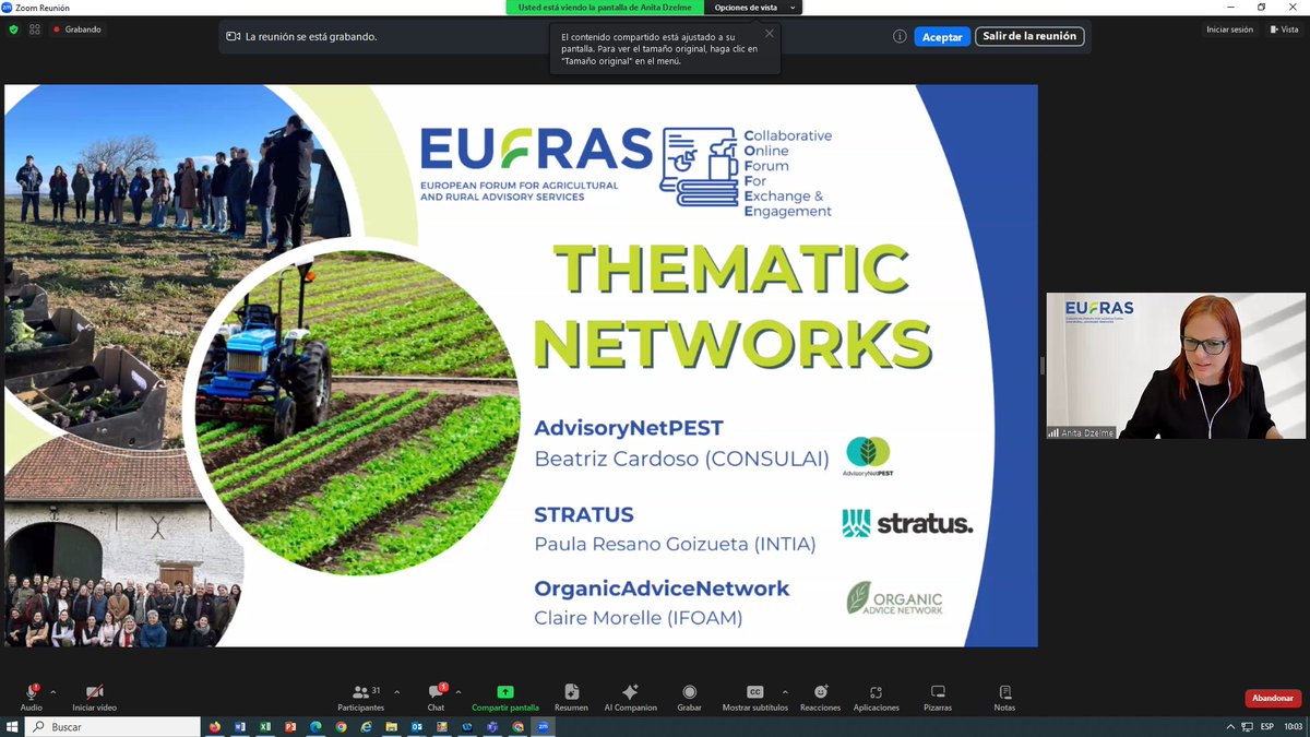 IntiaSa's tweet photo. Hoy Paula Resano, de #INTIA, ha presentado el proyecto @STRATUS_EU en el evento 'Thematic Networks' organizado por #EUFRAS, en el que han participado otros 2 proyectos de redes de asesoramiento.
#AdvisoryNetPESTy #OrganicAdviceNetwork https://t.co/qxz0LnLfos