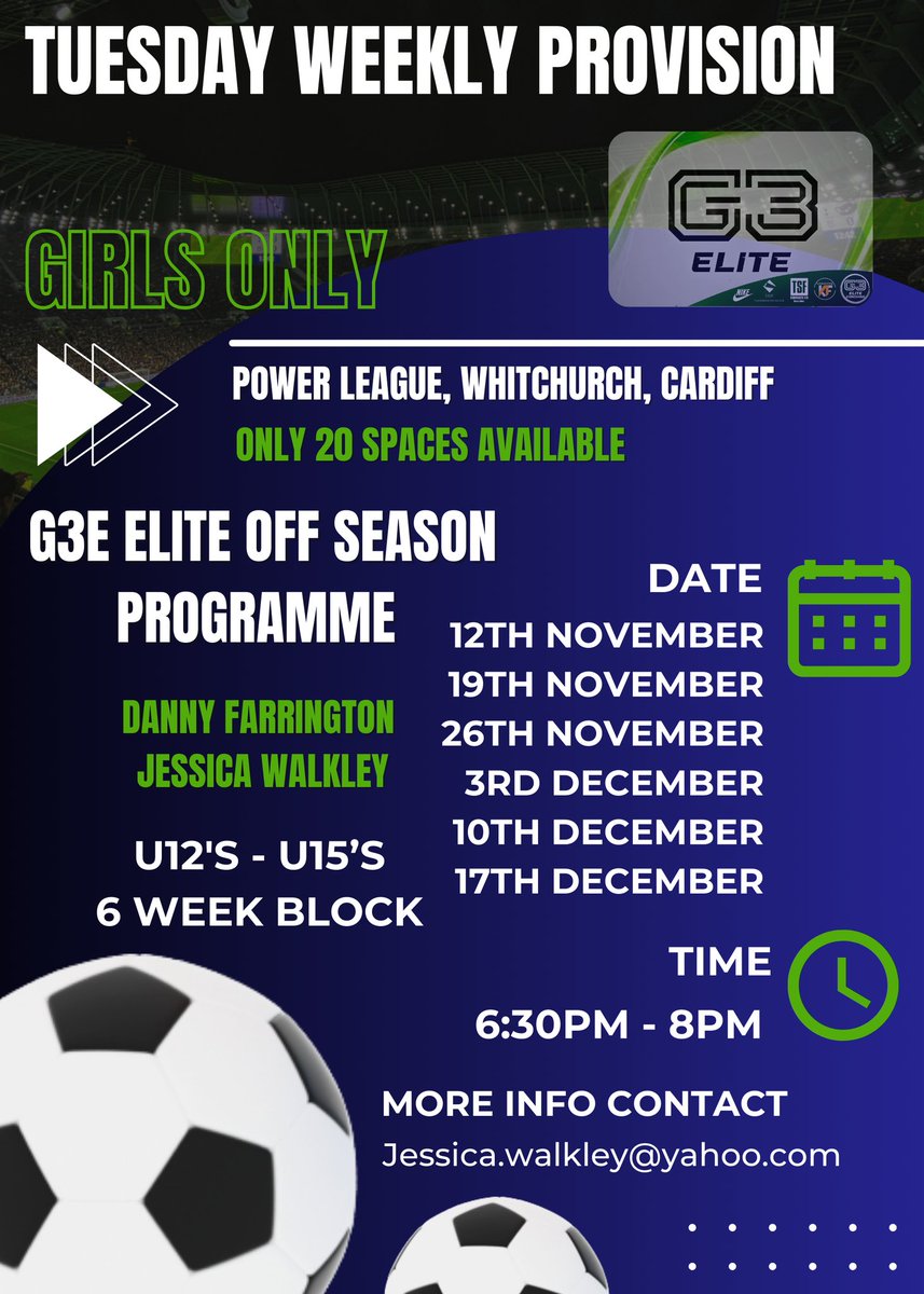 Here is our girls only programme for November - December 👍 Please start booking as it fills quickly. 
For more information please email myself.