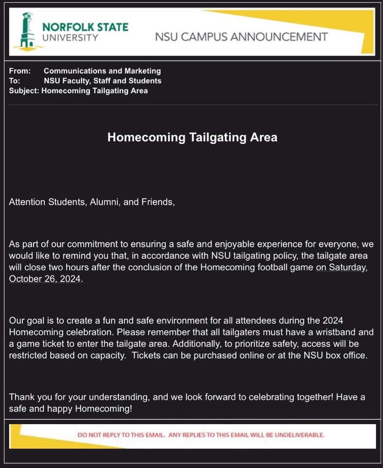 Behold Norfolk State University Alumni and Friends. Please read and govern yourself accordingly, as the University strives for its alumni and students to have a safe and Happy Homecoming 💚💛

#nythc | #norfolkstate | #norfolkstateuniversity #nsu #behold | #NSUAA | #reload