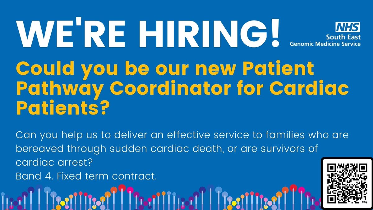 NHS South East Genomic Medicine Service (@segenomics) on Twitter photo WE'RE HIRING a new Patient Pathway Coordinator for Cardiac patients to deliver a service for families across the South East who are bereaved by sudden cardiac death or are survivors of #cardiac arrest. Based <a href="/GSTTnhs/">Guy's and St Thomas'</a> but working with us & <a href="/TheBHF/">British Heart Foundation</a>
bit.ly/4dYB84E WE'RE HIRING a new Patient Pathway Coordinator for Cardiac patients to deliver a service for families across the South East who are bereaved by sudden cardiac death or are survivors of #cardiac arrest. Based <a href="/GSTTnhs/">Guy's and St Thomas'</a> but working with us & <a href="/TheBHF/">British Heart Foundation</a>
bit.ly/4dYB84E