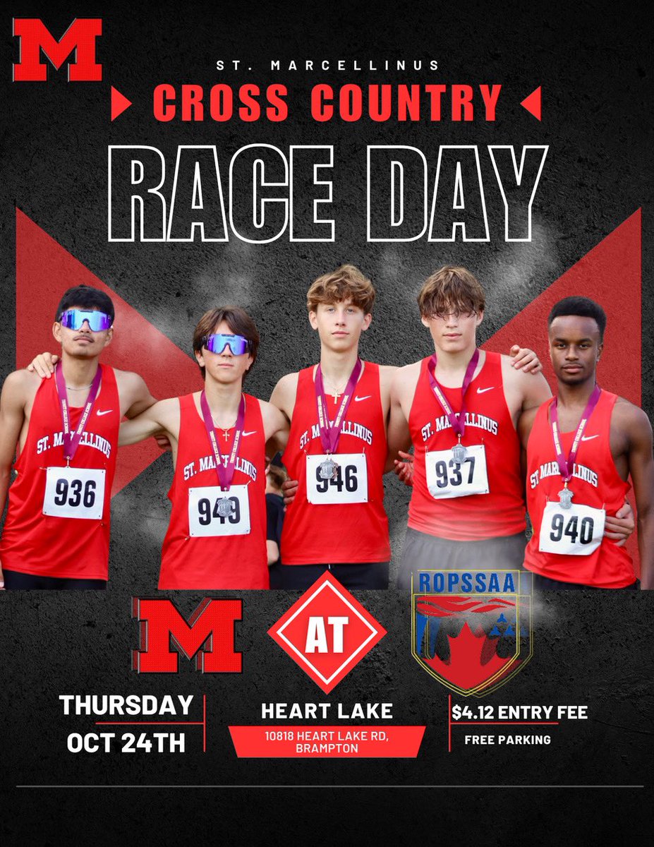 StMarcellinusXC's tweet photo. #riseupmarcyXC it’s Race Day! Good luck to our @StMarcellinusXC team as they compete for their 14th consecutive title at the @ROPSSAA Cross Country Championships today at #heartlake in Brampton-The competition begins at 11:30 #goingfor14inarow Who will book a ticket to @OFSAAXC https://t.co/J7OwwxAewS