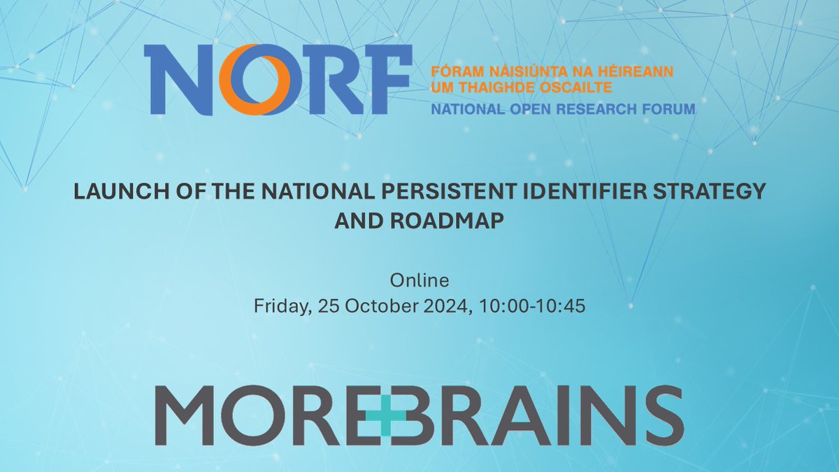 National Open Research Forum (NORF) Ireland (@norfireland) on Twitter photo Join us ONLINE tomorrow at 10am for the launch of our new report which sets out recommendations & a roadmap for a national persistent identifier (PID) strategy for Ireland. Prepared by NORF, NORF PID Task Force & <a href="/MoreBrains_Coop/">MoreBrains</a>🙏
Watch the launch: norf.ie/pid-launch/ Join us ONLINE tomorrow at 10am for the launch of our new report which sets out recommendations & a roadmap for a national persistent identifier (PID) strategy for Ireland. Prepared by NORF, NORF PID Task Force & <a href="/MoreBrains_Coop/">MoreBrains</a>🙏
Watch the launch: norf.ie/pid-launch/