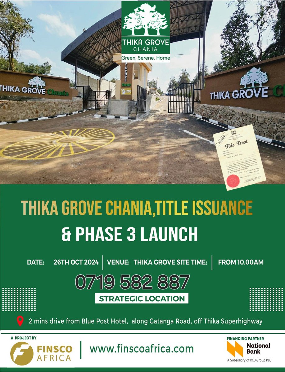 JoanGachui's tweet photo. 💢💢We've got exciting news!!!!
Thika Grove Chania Title Issuance and Phase 3 Launching Event💢💢 
📍 Venue: Thika Grove Chania
📅 Date: 26/10/2024
🕒 Time: 10:00AM 
RSVP 0719 582 887
#thikagrovechania #controlledestate #finsoafrica #gatedcommunity #thikagrovechaniatitledeeds https://t.co/xv4jM238gJ
