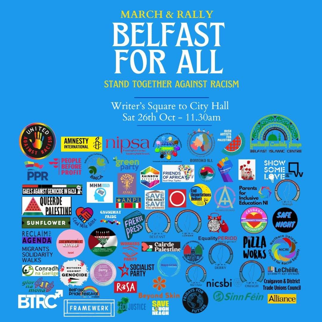Amnesty Int'l NI (@amnestyni) on Twitter photo Belfast For All - stand together against racism 
March and rally in Belfast on Saturday. Meet at Writers' Square, 11:30am. Belfast For All - stand together against racism 
March and rally in Belfast on Saturday. Meet at Writers' Square, 11:30am.
