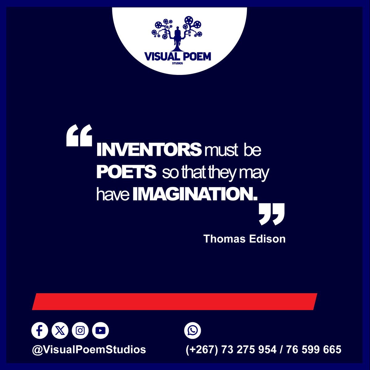 VisualPoem's tweet photo. Inventors must be poets so that they may have imagination. Edison acknowledged the importance of storytelling in the innovation process. We offer innovative and effective solutions to digital media production. #VisualPoemStudios https://t.co/JO8XEG30OI
