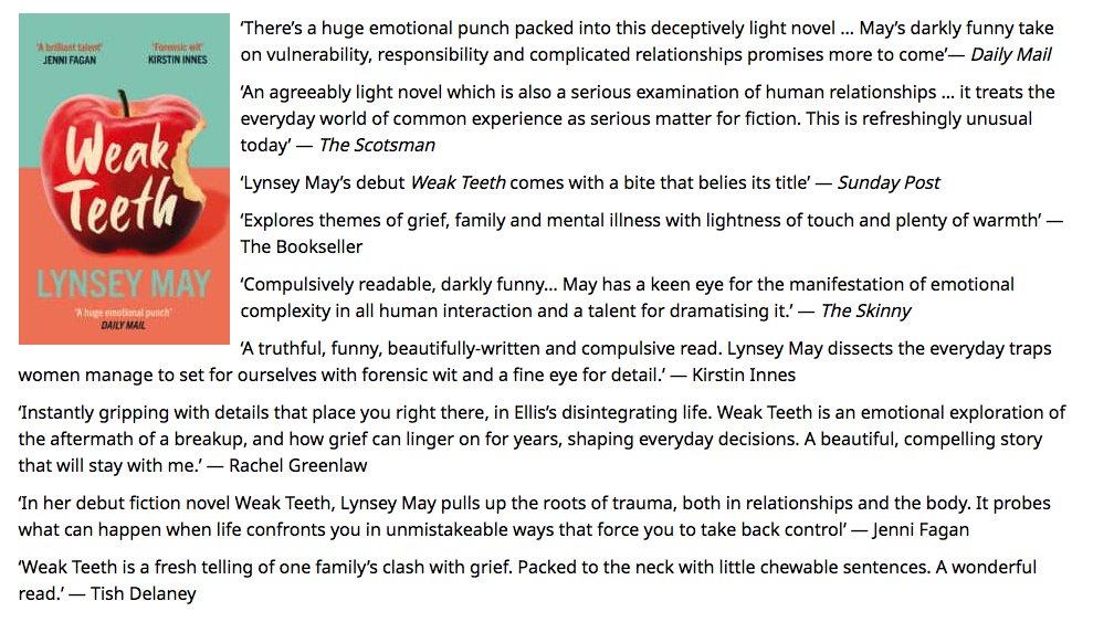 standrewsbkfest (@standrewsbkfest) on Twitter photo How many great reviews can one book have? Come and see @lynseymay at The St Andrew's Book Festival next month in London. Lynsey's novel is called Weak Teeth and it's a read in one sitting book it's so good!
Tx: standrewsbookfestival.org
<a href="/chriscarsewilso/">Chris Carse Wilson</a> How many great reviews can one book have? Come and see @lynseymay at The St Andrew's Book Festival next month in London. Lynsey's novel is called Weak Teeth and it's a read in one sitting book it's so good!
Tx: standrewsbookfestival.org
<a href="/chriscarsewilso/">Chris Carse Wilson</a>