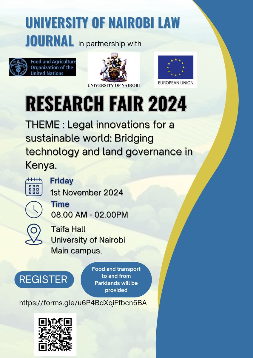 uonlj's tweet photo. Join us for an exciting day of exploration and dialogue at the Research Fair 2024, hosted in collaboration with UNLJ, FAO, the EU, and the UON Faculty of Law.
Date: 1st November 2024
Venue: Taifa Hall
Time: 8:00 am
Please register to secure your spot!
https://t.co/HatLmPkYiY https://t.co/foO2W1aTiL