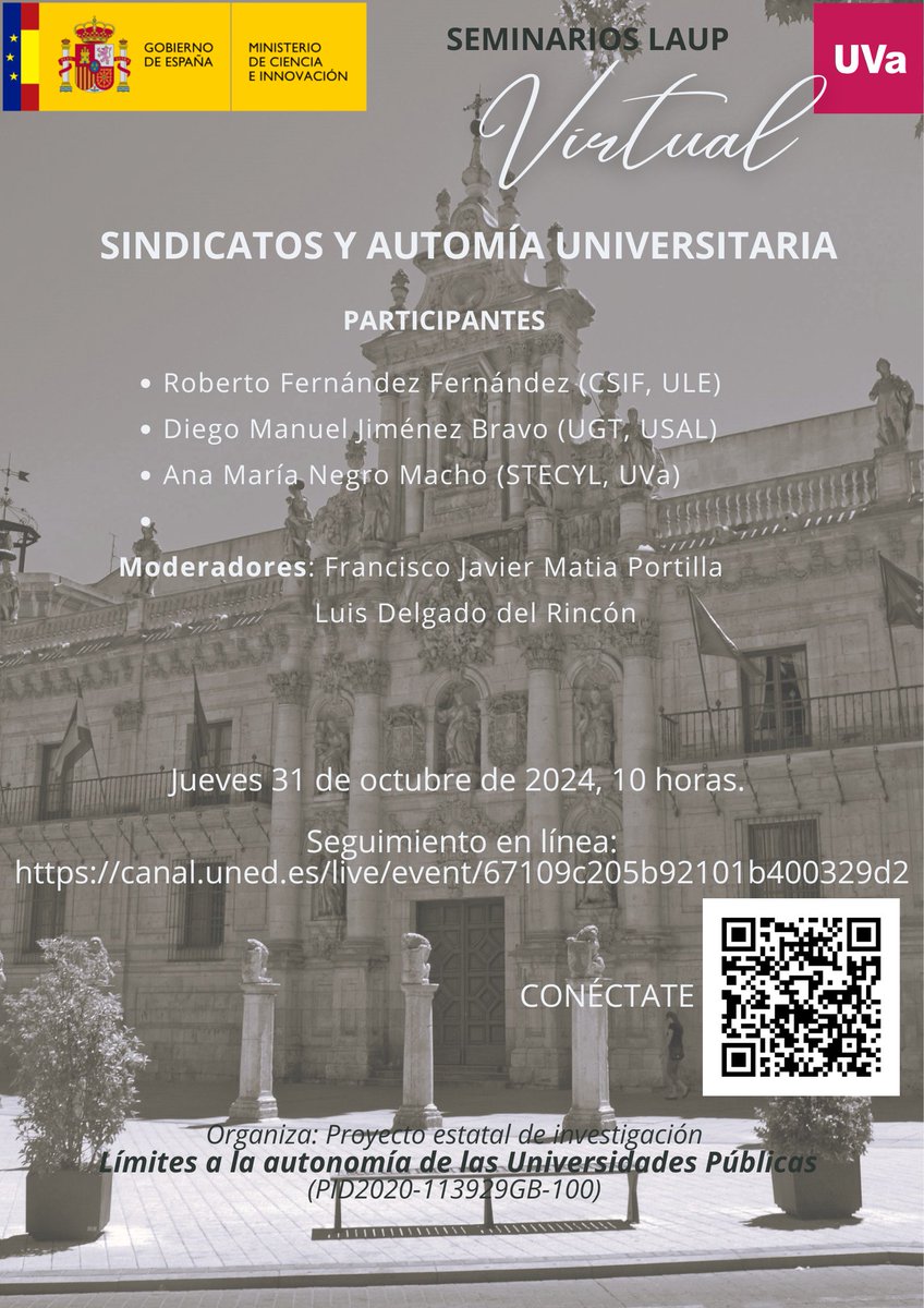 laup_de's tweet image. El próximo jueves celebramos el seminario "sindicatos y autonomía universitaria". Se podrá seguir online a través del siguiente enlace: canal.uned.es/live/event/671…