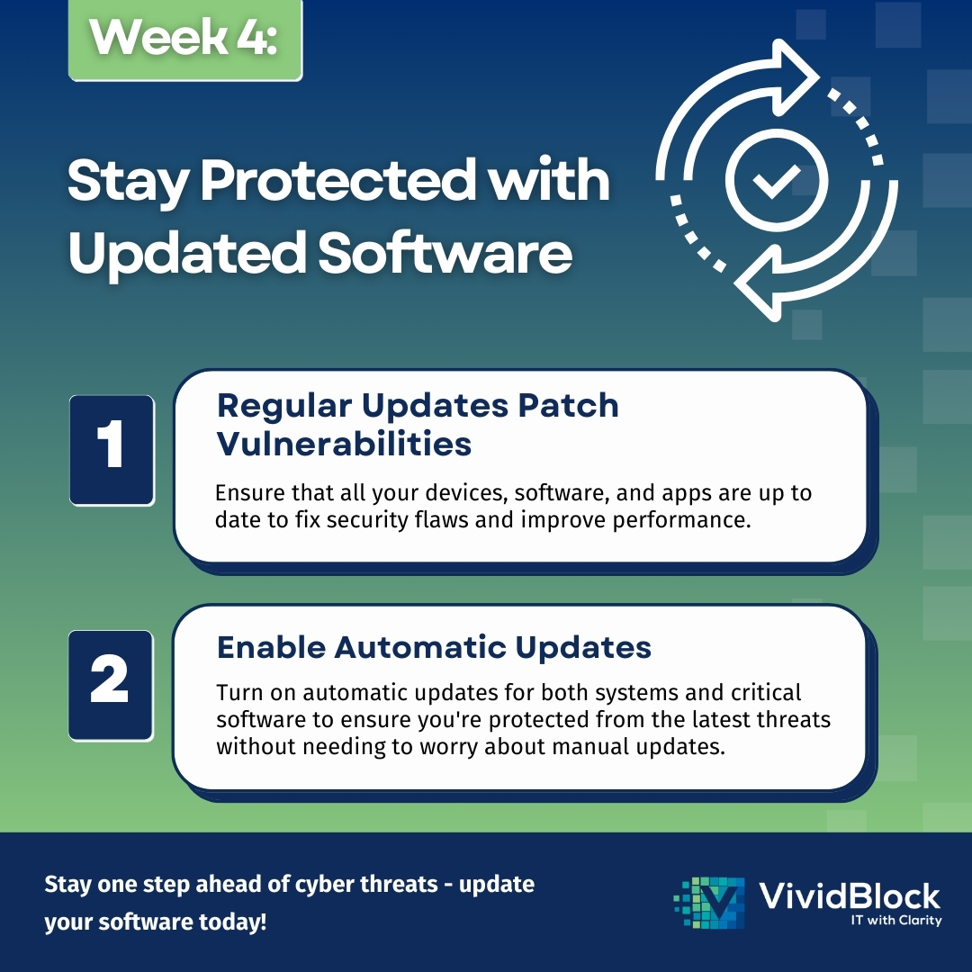 Final full week of #CyberMonth2024!  

Stay secure by keeping your software up to date! Automatic updates help patch security flaws and protect your devices. Act on those update reminders!   #SoftwareUpdates #StaySafeOnline #CyberSecurity #ITwithClarity