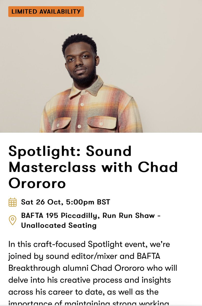 Very honored to be hosting this event on saturday with the little legend <a href="/ChadOrororo/">Chad Orororo | CHADDESIGNSSOUND</a> at <a href="/BAFTA/">BAFTA</a> There’s still some tickets left so please do come along if you can 

events.bafta.org/event/view.php…