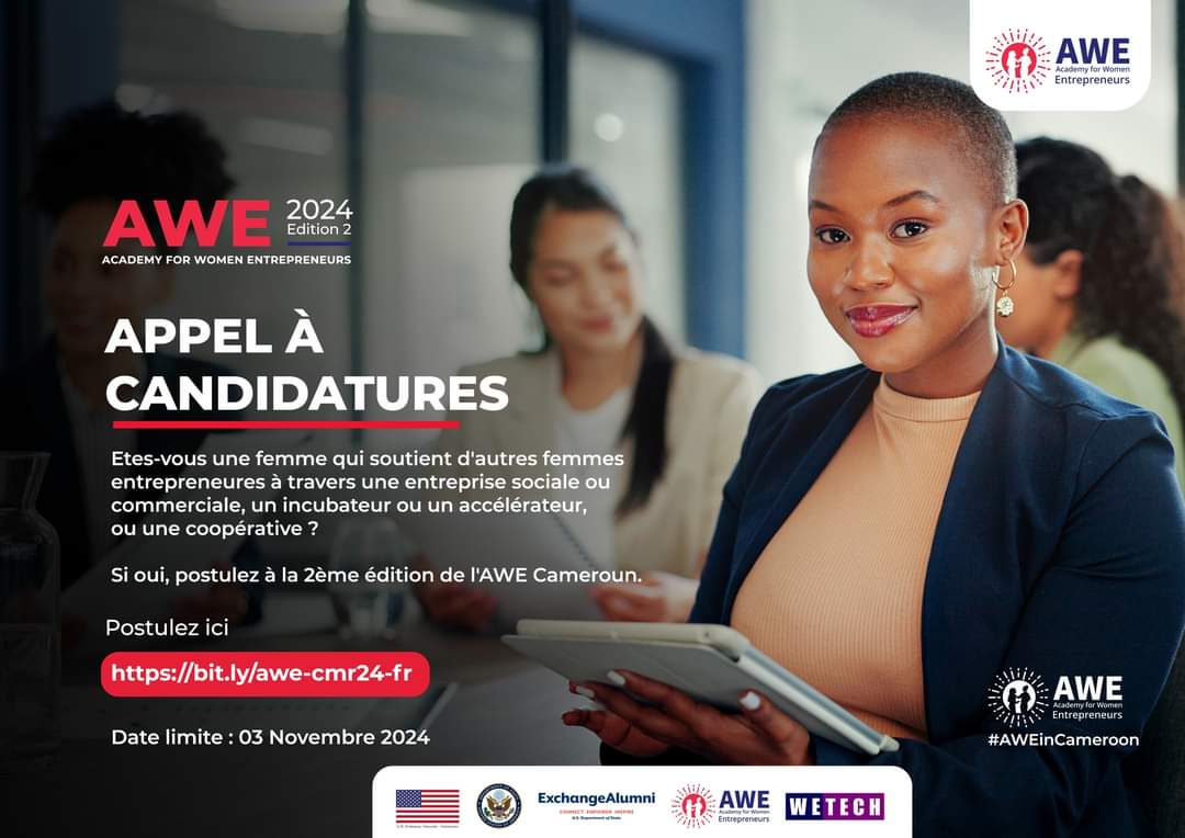 🤩🥳Excellente opportunité pour les femmes entrepreneures!
Academy for Women Entrepreneurs - AWE est implémentée par WETECH en collaboration avec l' U.S. Embassy Yaounde. 
Postulez ici: bit.ly/awe-cmr24-fr 
Date limite: 3 Novembre 2024
#AWEinCameroon #exchangealumni #wetech