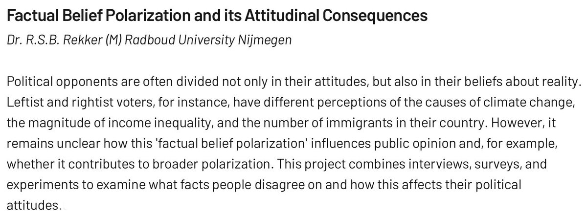 RoderikRekker's tweet image. I'm over the moon and truly humbled that NWO has funded my Vidi application on 'Factual belief polarization and its Attitudinal Consequences.' With a postdoc and a PhD student, I will examine how Western Europeans are divided in their beliefs about reality and when this matters.