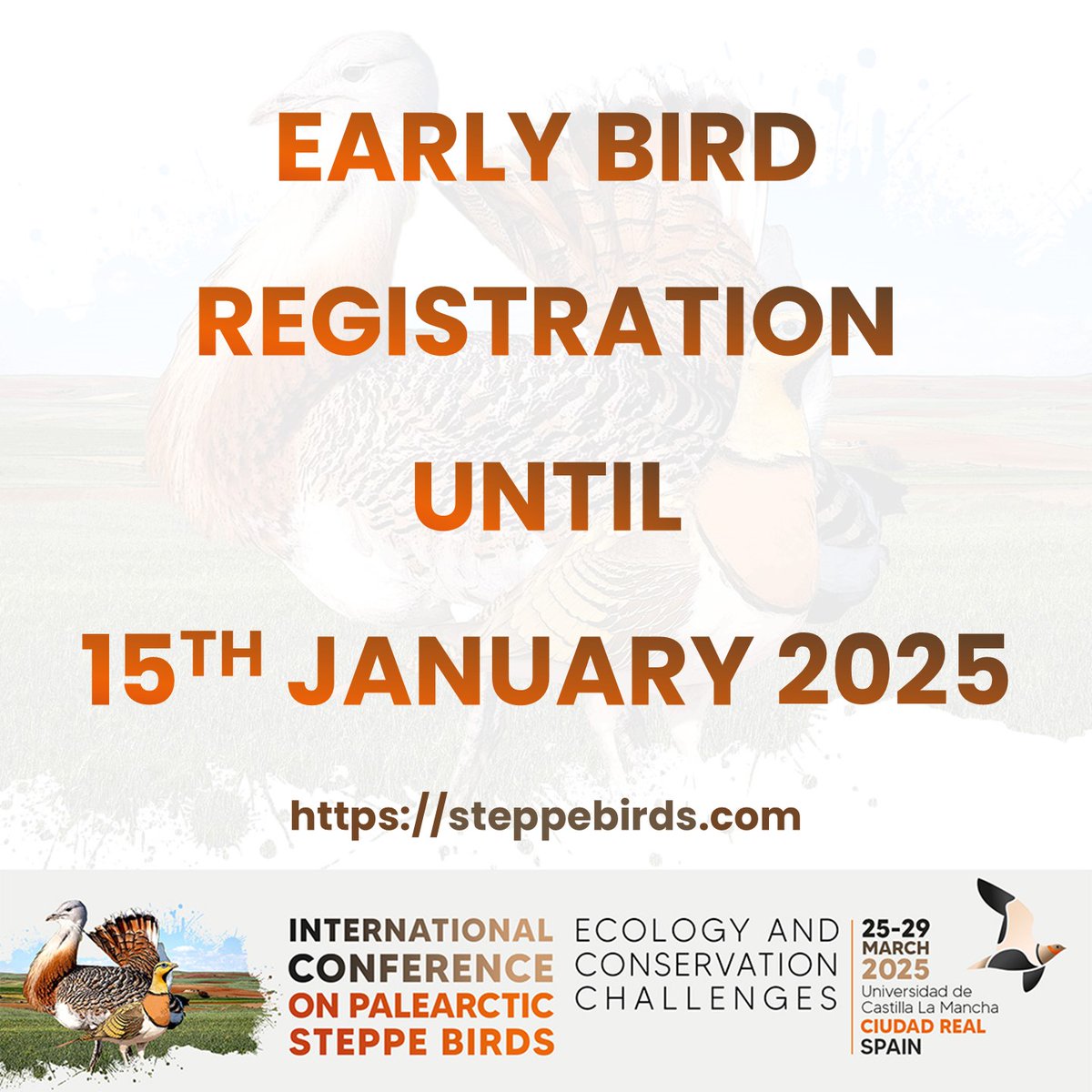Early Bird Registration: #steppebirds2025 ⏳ Early bird registration for the International Conference on Palearctic Steppe Birds is now open! Lock in your discounted rate and join leading researchers and conservationists from around the world 🌍🐦 #ornithology #ConservationAction