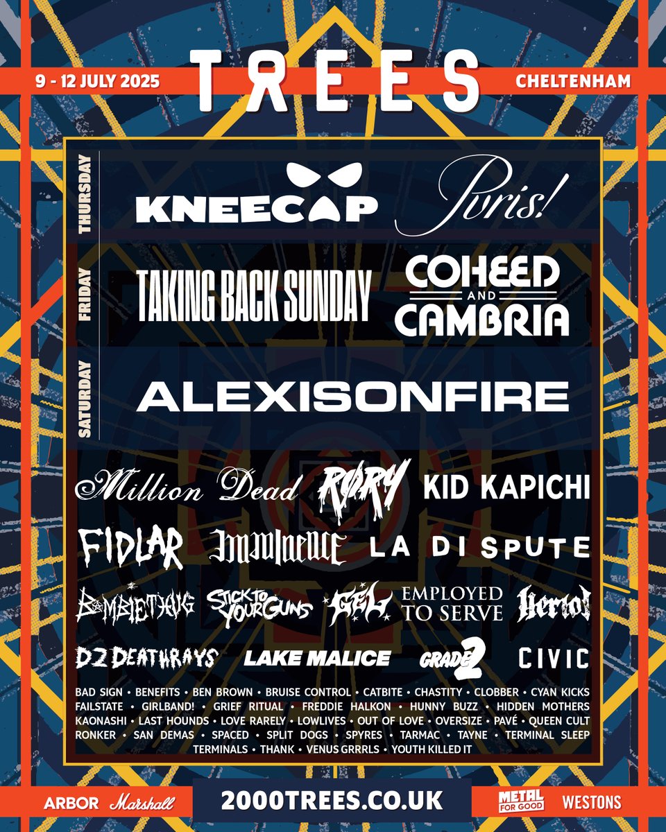 2000trees Festival (@2000trees) on Twitter photo 🌳 <a href="/aof_official/">ALEXISONFIRE</a>, <a href="/Coheed/">Coheed and Cambria</a>, <a href="/TBSOfficial/">Taking Back Sunday</a>, <a href="/ThisIsPVRIS/">PVRIS</a>, and <a href="/KNEECAPCEOL/">KNEECAP</a> are your 𝙁𝙄𝙑𝙀 𝙝𝙚𝙖𝙙𝙡𝙞𝙣𝙚𝙧𝙨 for 2000trees 2025!!
🎟️ bit.ly/TREES25 🌳 <a href="/aof_official/">ALEXISONFIRE</a>, <a href="/Coheed/">Coheed and Cambria</a>, <a href="/TBSOfficial/">Taking Back Sunday</a>, <a href="/ThisIsPVRIS/">PVRIS</a>, and <a href="/KNEECAPCEOL/">KNEECAP</a> are your 𝙁𝙄𝙑𝙀 𝙝𝙚𝙖𝙙𝙡𝙞𝙣𝙚𝙧𝙨 for 2000trees 2025!!
🎟️ bit.ly/TREES25