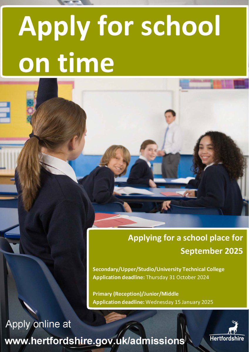 A reminder that the application deadline for secondary schools is next week - 31st October 2024.