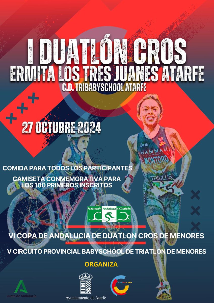 I DUATLÓN CROS 2024
CD TRIBABYSCHOOL ATARFE

📅27 de Octubre
📍Hermita de los Tres Juanes

Comida para todos los participantes
Camiseta conmemorativa para los 100 primeros participantes