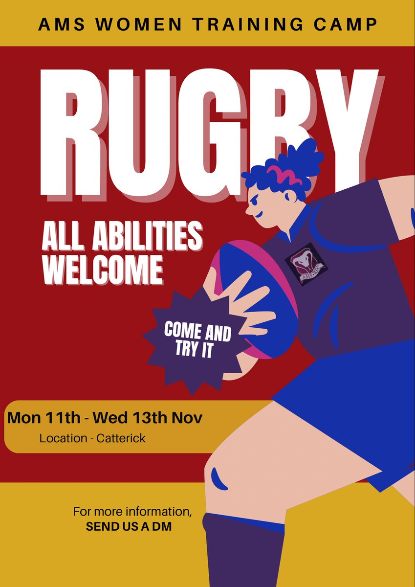 🚨Upcoming Training Camp🚨

The AMS(W) are hosting a training camp in Catterick from 11th to 13th of November. It's open to all abilities and a great way to get involved with a fast growing sport. Any questions, drop us a DM. 🐍🏉

#rugby #rugbyunion #womeninsport
