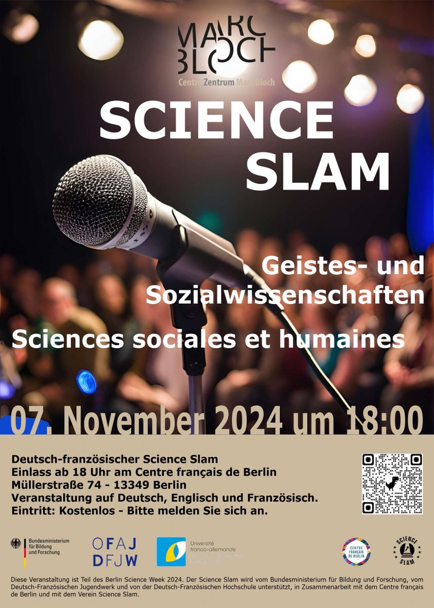 Centre Marc Bloch (@centremarcbloch) on Twitter photo 🎤Unser #ScienceSlam gibt Doktoranden aus 🇩🇪 & 🇫🇷 die Bühne, um ihre Dissertationsprojekte in 10 Minuten spannend & spielerisch zu präsentieren! 🧠
📍 <a href="/CentreFrBerlin/">CentreFrançaisBerlin</a>
🕕 07.11. - 18h
🎟️ Kostenlos.
Anmeldung: https: //www.tickettailor.com/events/centremarcblochev/1390029 🎤Unser #ScienceSlam gibt Doktoranden aus 🇩🇪 & 🇫🇷 die Bühne, um ihre Dissertationsprojekte in 10 Minuten spannend & spielerisch zu präsentieren! 🧠
📍 <a href="/CentreFrBerlin/">CentreFrançaisBerlin</a>
🕕 07.11. - 18h
🎟️ Kostenlos.
Anmeldung: https: //www.tickettailor.com/events/centremarcblochev/1390029