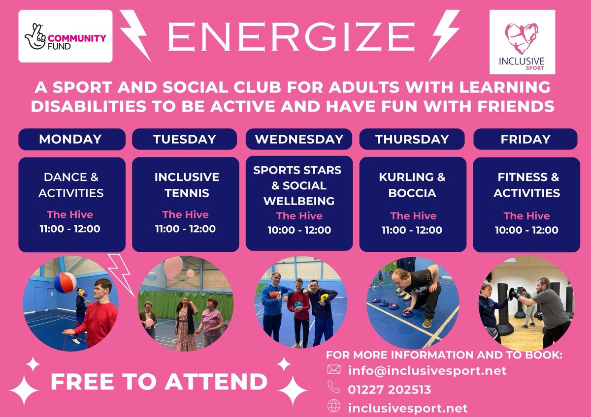 Looking for a fun, active, and inclusive space? Energize Thanet is the perfect sports and social club for adults with learning disabilities! Come join us, Monday to Friday at the Hive. 

#InclusiveSport #DisabilitySport #ActiveLife #EnergizeSessions #SocialClub
