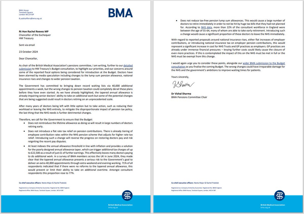 The BMA (@thebma) on Twitter photo Our letter from <a href="/BMA_Pensions/">BMA Pensions Committee</a> committee chair <a href="/Vish_Sharm/">Vishal Sharma</a> warns the Chancellor that negative changes to pensions taxation in next week’s Budget would derail the Government’s chances of meeting its pledge to cut NHS waiting lists.
Read our press release: bma.org.uk/bma-media-cent… Our letter from <a href="/BMA_Pensions/">BMA Pensions Committee</a> committee chair <a href="/Vish_Sharm/">Vishal Sharma</a> warns the Chancellor that negative changes to pensions taxation in next week’s Budget would derail the Government’s chances of meeting its pledge to cut NHS waiting lists.
Read our press release: bma.org.uk/bma-media-cent…