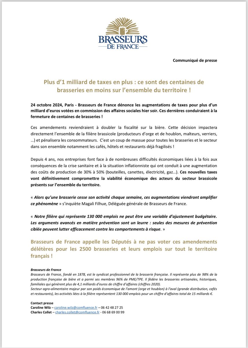 BrasseursFrance's tweet photo. 🔴🔴🔴 #PLFSS2025 : les députés #DirectAN votent 1Milliard de taxes supplémentaires pour la #filiere #brassicole. 
Ce sont centaines de #brasseries menacées ! 
Notre communiqué ⤵️ https://t.co/deHsTAU0fD