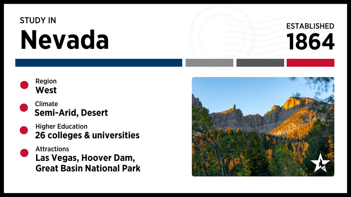 💡 Ever considered studying in Nevada?  It boasts Las Vegas, Hoover Dam, <a href="/GreatBasinNPS/">Great Basin NPS</a>, and 26 colleges and universities.

Experience the Silver State, Nevada. #StudyWithUS