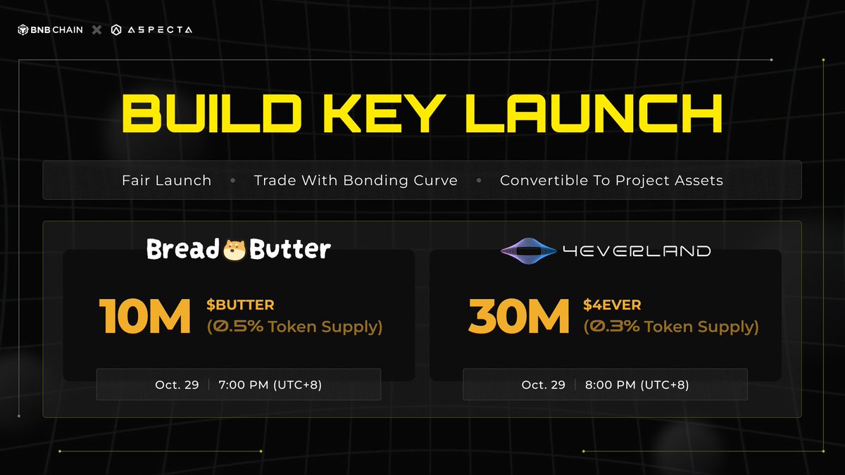 🔥 Next #BuildKey launch on Oct 29!

7 PM: <a href="/breadnbutterxyz/">BreadnButter</a> the hottest Web3 social app on <a href="/BNBCHAIN/">BNB Chain</a>, TGE on Nov 1st

8 PM: <a href="/4everland_org/">4EVERLAND | Web3 AI Cloud Platform</a> the Web3 cloud computing platform for DePIN+AI

Trade #BuildKey up to 100X+ gains &amp; convert to tokens at TGE ➡️ trade.aspecta.ai