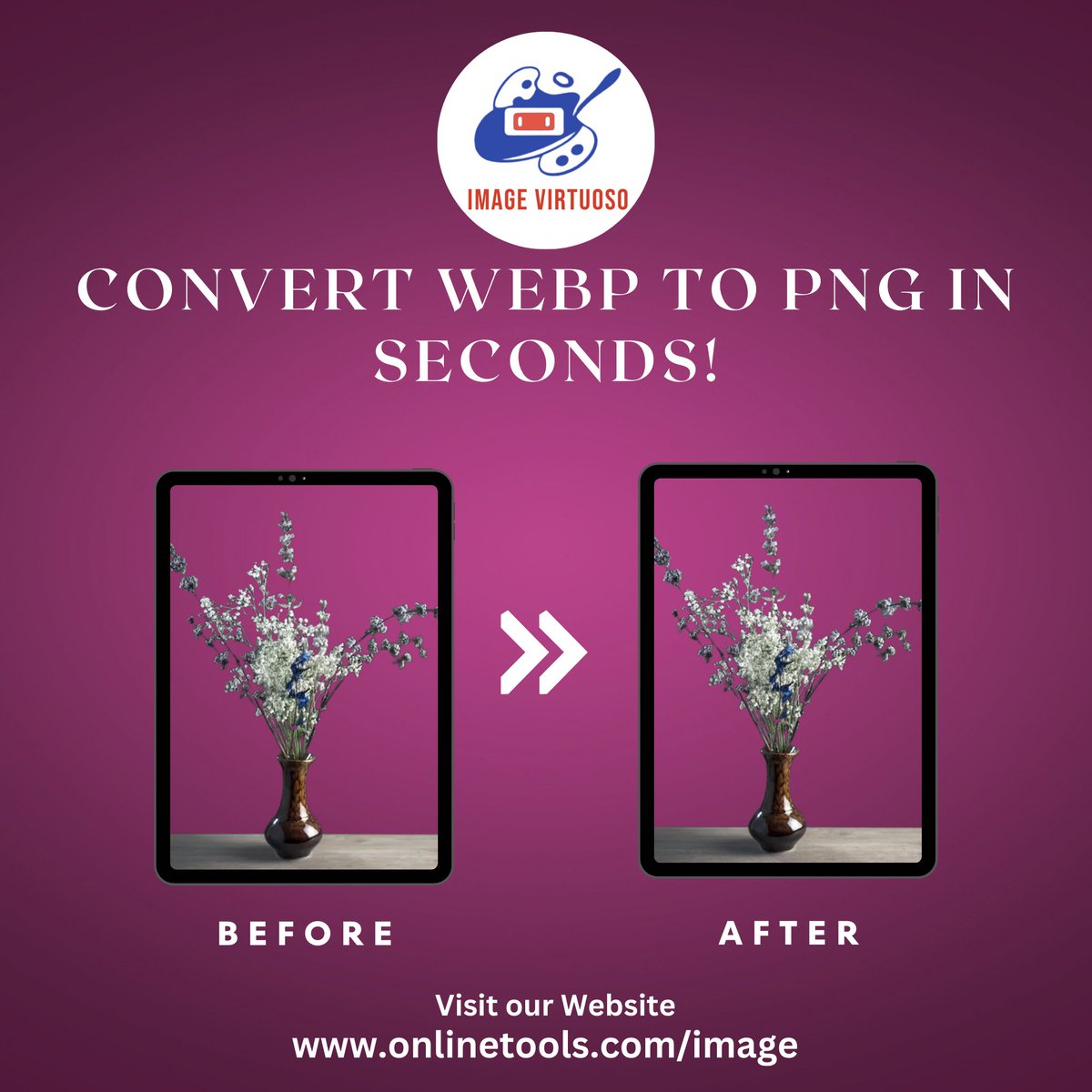ImageVirtuoso's tweet image. Quickly transform your WebP images into PNG format while preserving quality.
Try our tool - onlinetools.com/image/webp-to-…
#WebPCompression #MinQuality #SaveSpace #ImageConversion #ImageEditing #CreativeTools #ai #Viral #Tech4All #salmankhan #futuretech #photo #usa #tesla