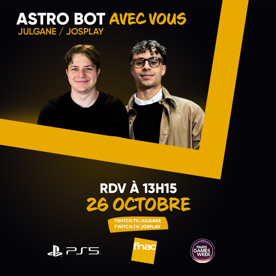 JosplaySENPAI's tweet photo. ANNONCE PGW 

Je serai avec @Julgane sur le stand @Fnac !

On va jouer à #AstroBot (💙@PlayStationFR) avec vous.

Qui est chaud ?

1x2 places à gagner 🔁

Collaboration commerciale https://t.co/qibXRuqo3G