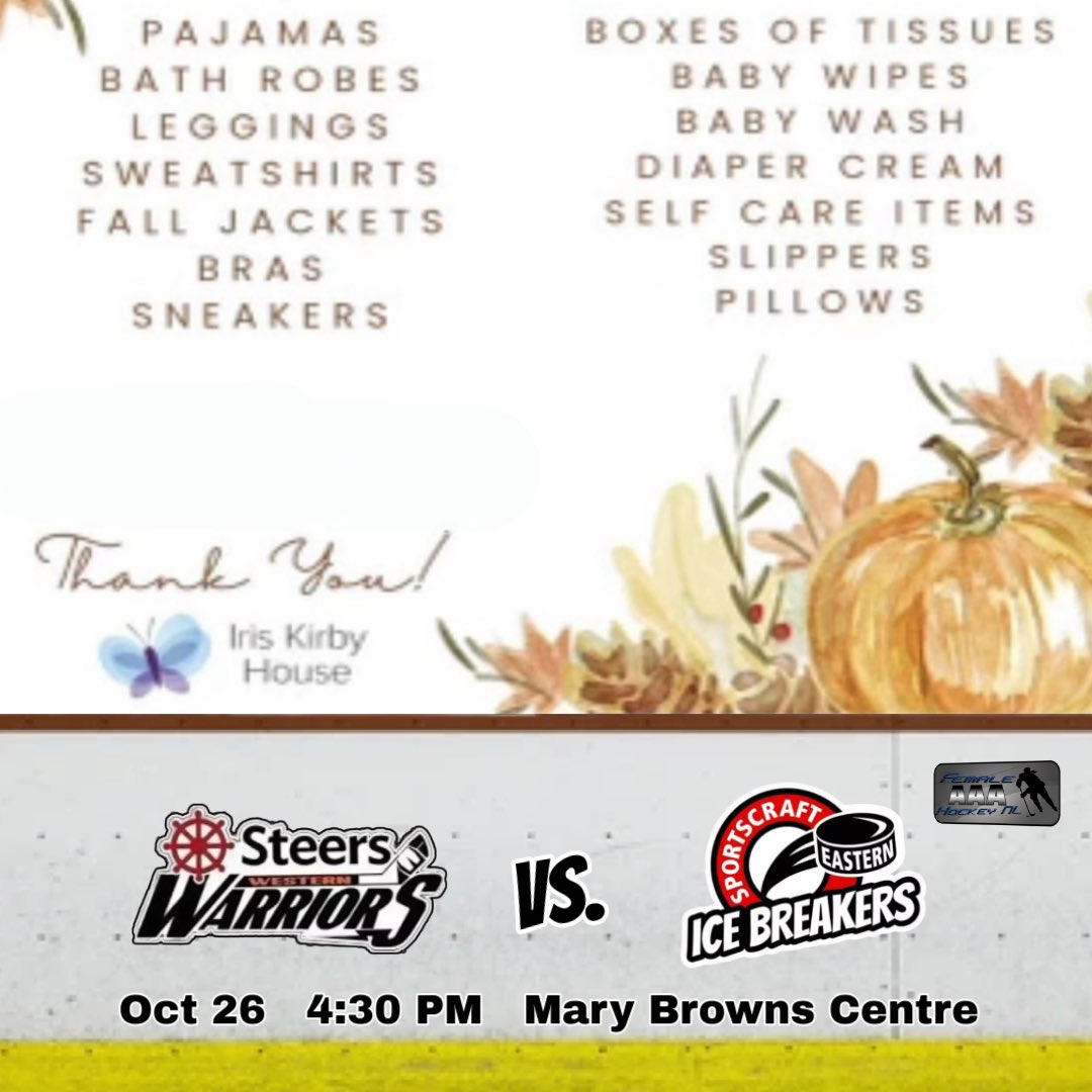During our Game this Saturday afternoon, the U15 Eastern Ice Breakers will be collecting donations in support of the Iris Kirby House. We’re calling all local female and minor hockey teams to come watch some awesome AAA hockey and support a worthy cause #LetsGoGirls