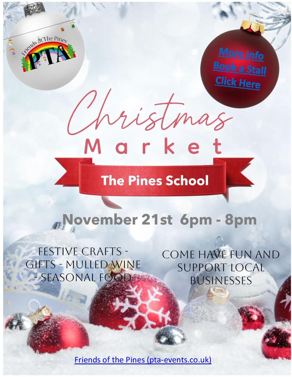 The Pines School (@thepinesprimary) on Twitter photo We're holding our festive Christmas Market again this year, on 21st November from 6pm-8pm. Pop in to have a look at some lovely gift ideas, or if you would like a stall, book via this link:
pta-events.co.uk/thepinesschool…
Looking forward to seeing you all there! We're holding our festive Christmas Market again this year, on 21st November from 6pm-8pm. Pop in to have a look at some lovely gift ideas, or if you would like a stall, book via this link:
pta-events.co.uk/thepinesschool…
Looking forward to seeing you all there!