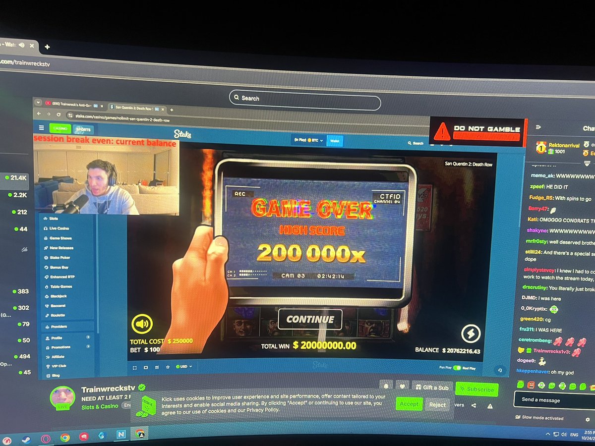 crypto__noobie's tweet image. Real life action witnessing this is crazy!! @Trainwreckstv max win $20M live on San Quentin 2 on @Stake 💰