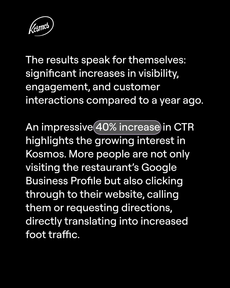 The historic restaurant Kosmos, known for its timeless cuisine and charming atmosphere, partnered with Mobal to optimize its Google Business Profile and saw a 40% CTR, More online interest, more restaurant visits.

#mobal #RestaurantMarketing #GoogleBusines #LocalSeo