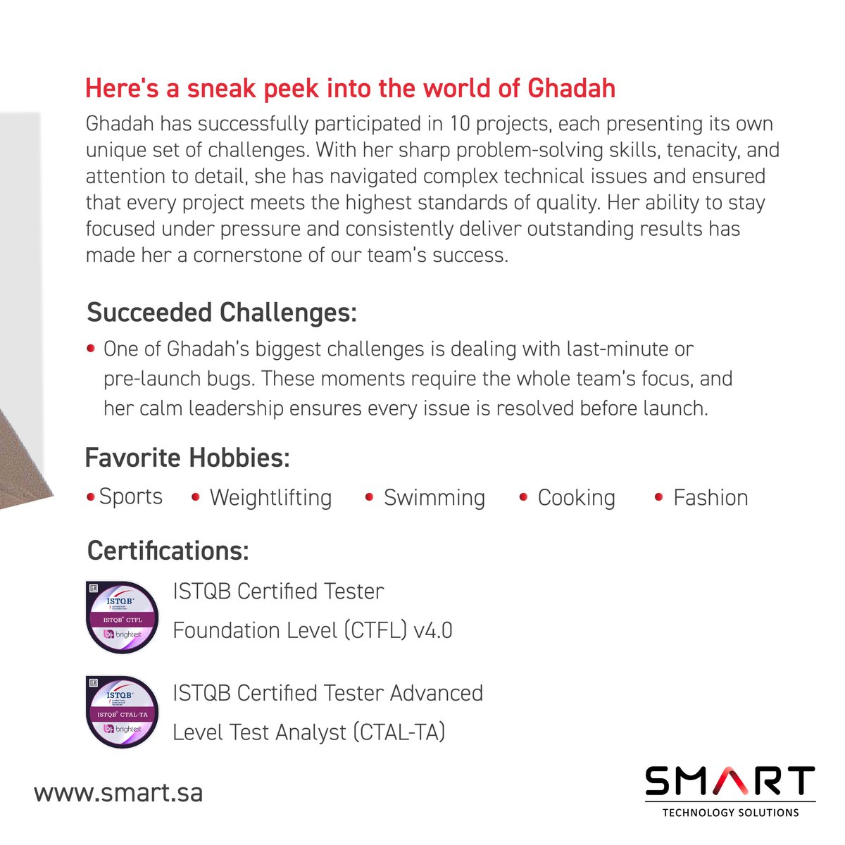 SmartTechSA's tweet image. Let’s celebrate Ghadah’s remarkable contributions and achievements, along with her unwavering commitment to delivering high-quality projects!

#OurSmartie #SoftwareQA #meet_our_people #smarties_success #testing